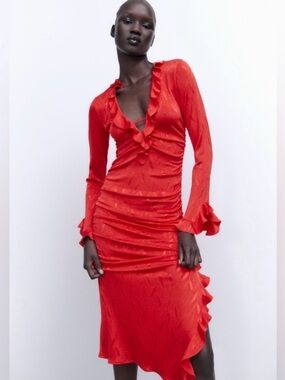 Zara Red Ruffle Ruched Long Sleeve Dress